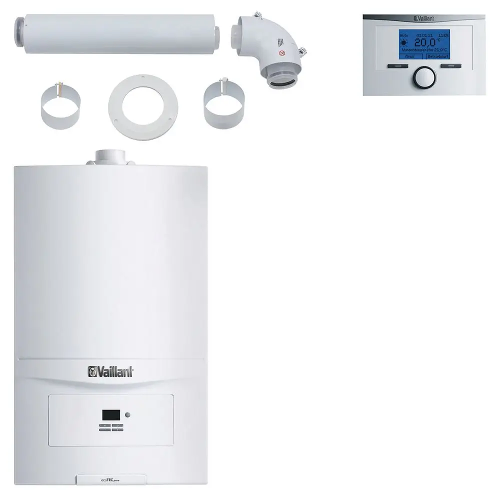 Vaillant Heizgerät mit Anforderungen zur Installation, bestehend aus einem Hauptgerät, Abgasleitung, Verbindungselementen und einem digitalen Thermostat.